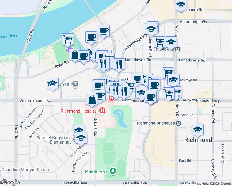 map of restaurants, bars, coffee shops, grocery stores, and more near 5911 Alderbridge Way in Richmond