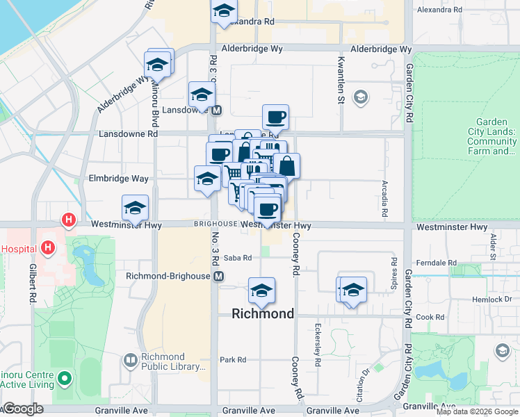 map of restaurants, bars, coffee shops, grocery stores, and more near 8191 Westminster Highway in Richmond