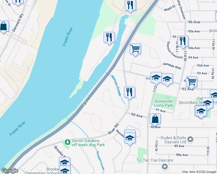 map of restaurants, bars, coffee shops, grocery stores, and more near 9209 Norum Road in Delta