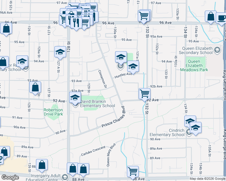 map of restaurants, bars, coffee shops, grocery stores, and more near 9285 Prince Charles Boulevard in Surrey