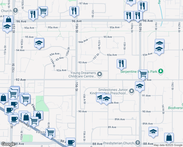 map of restaurants, bars, coffee shops, grocery stores, and more near 15690 92A Avenue in Surrey
