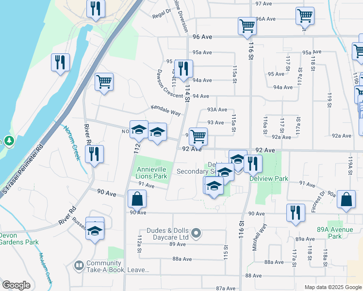map of restaurants, bars, coffee shops, grocery stores, and more near 9214 114 Street in Delta