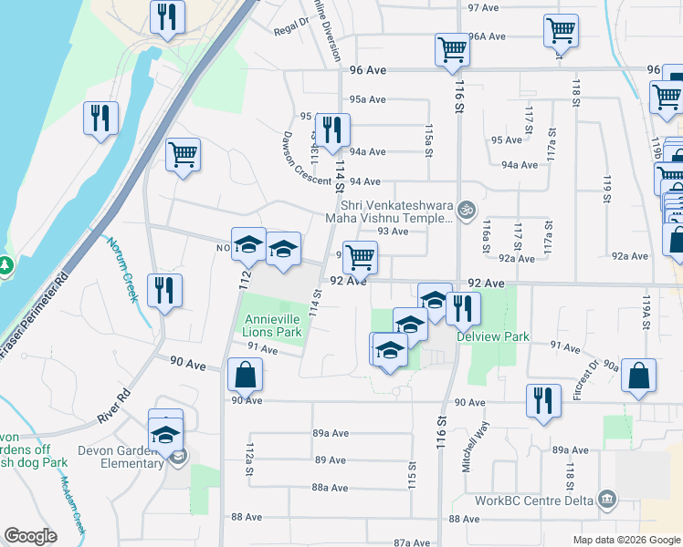 map of restaurants, bars, coffee shops, grocery stores, and more near 11401 92A Avenue in Delta