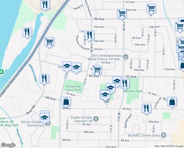 map of restaurants, bars, coffee shops, grocery stores, and more near 11405 92 Avenue in Delta