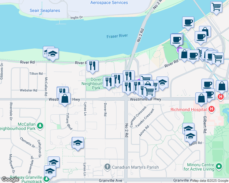 map of restaurants, bars, coffee shops, grocery stores, and more near 5820 Dover Crescent in Richmond