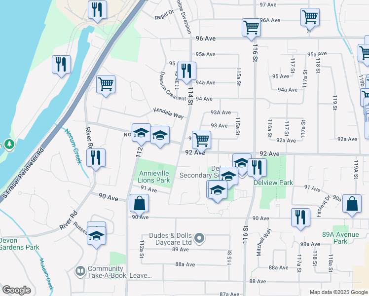 map of restaurants, bars, coffee shops, grocery stores, and more near 9216 114 Street in Delta