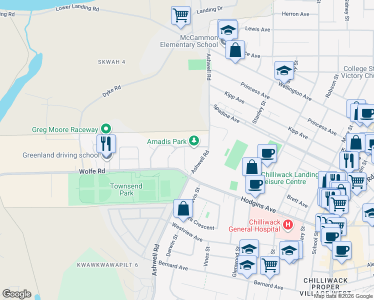 map of restaurants, bars, coffee shops, grocery stores, and more near 45290 Amadis Crescent in Chilliwack