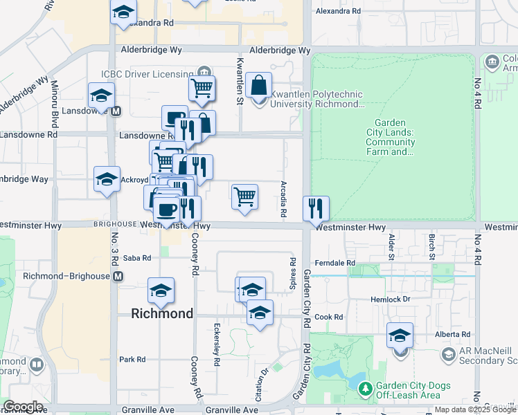 map of restaurants, bars, coffee shops, grocery stores, and more near 8651 Westminster Highway in Richmond
