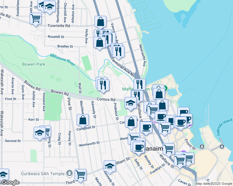 map of restaurants, bars, coffee shops, grocery stores, and more near 77 Mill Street in Nanaimo