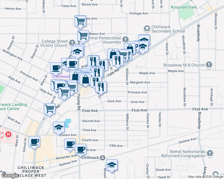 map of restaurants, bars, coffee shops, grocery stores, and more near 46147 Princess Avenue in Chilliwack