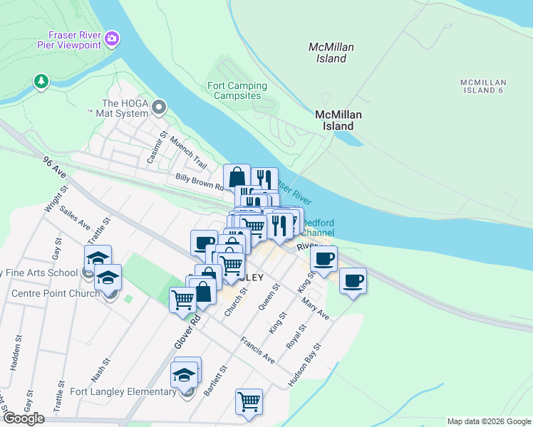map of restaurants, bars, coffee shops, grocery stores, and more near 9275 Glover Road in Langley