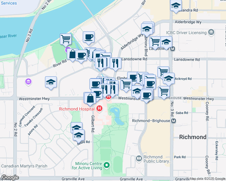 map of restaurants, bars, coffee shops, grocery stores, and more near in Richmond