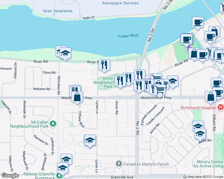 map of restaurants, bars, coffee shops, grocery stores, and more near 5811 Dover Crescent in Richmond