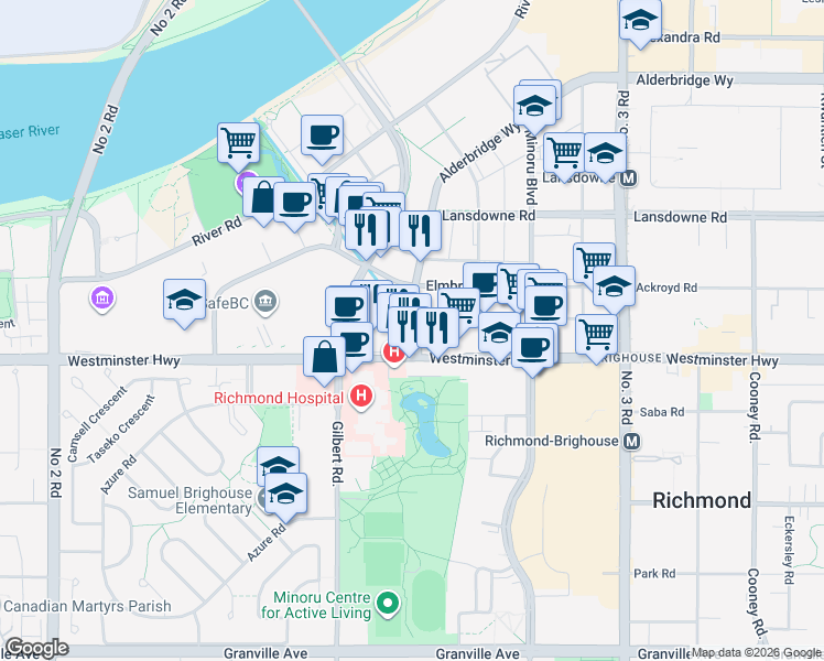 map of restaurants, bars, coffee shops, grocery stores, and more near 5911 Alderbridge Way in Richmond