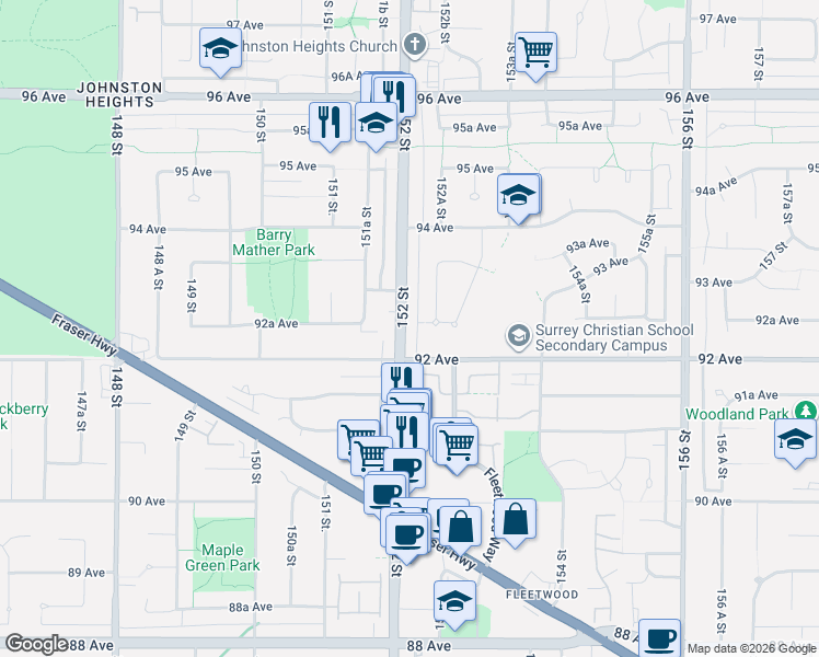 map of restaurants, bars, coffee shops, grocery stores, and more near 9256 152 Street in Surrey