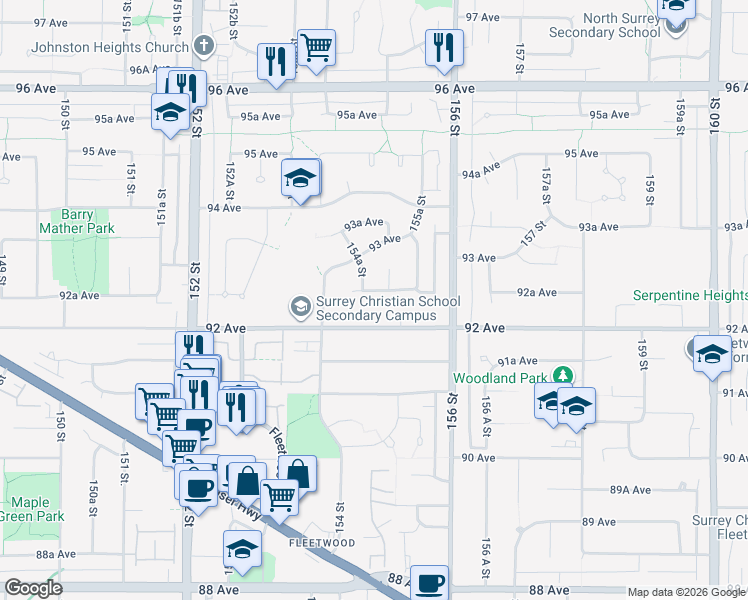 map of restaurants, bars, coffee shops, grocery stores, and more near 15474 92A Avenue in Surrey