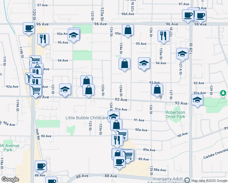 map of restaurants, bars, coffee shops, grocery stores, and more near 9248 124 Street in Surrey
