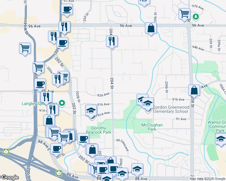map of restaurants, bars, coffee shops, grocery stores, and more near 9252 204 Street in Langley City