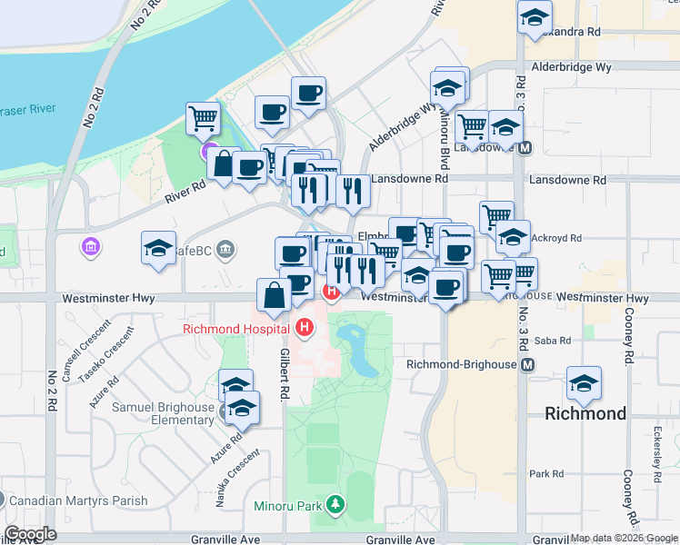 map of restaurants, bars, coffee shops, grocery stores, and more near 5311 Alderbridge Way in Richmond