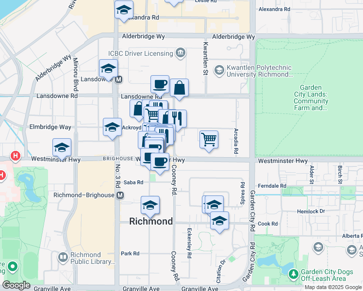 map of restaurants, bars, coffee shops, grocery stores, and more near 5800 Cooney Road in Richmond