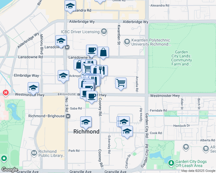 map of restaurants, bars, coffee shops, grocery stores, and more near 8451 Westminster Highway in Richmond