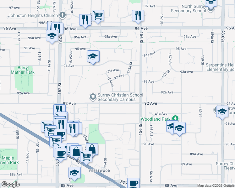 map of restaurants, bars, coffee shops, grocery stores, and more near 15482 92A Avenue in Surrey