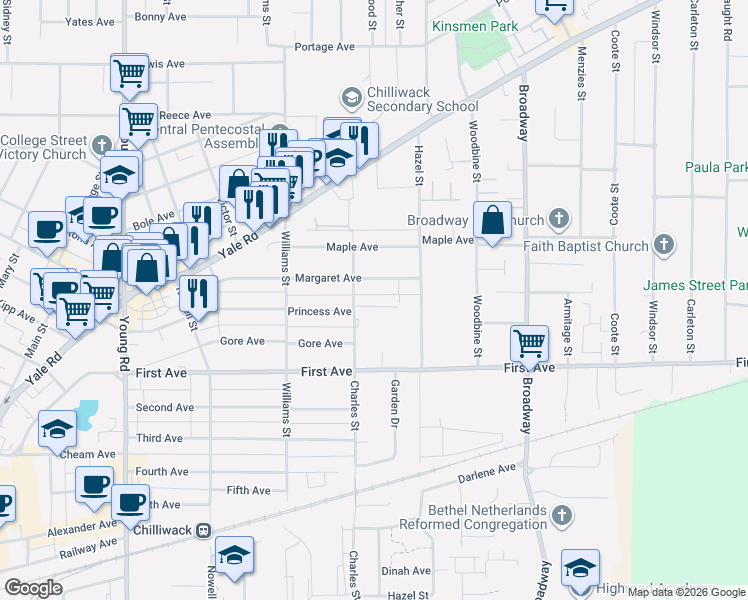 map of restaurants, bars, coffee shops, grocery stores, and more near 46345 Princess Avenue in Chilliwack