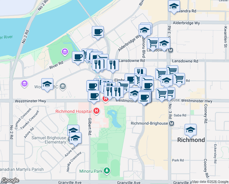 map of restaurants, bars, coffee shops, grocery stores, and more near 5900 Alderbridge Way in Richmond