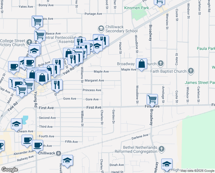 map of restaurants, bars, coffee shops, grocery stores, and more near 46345 Princess Avenue in Chilliwack