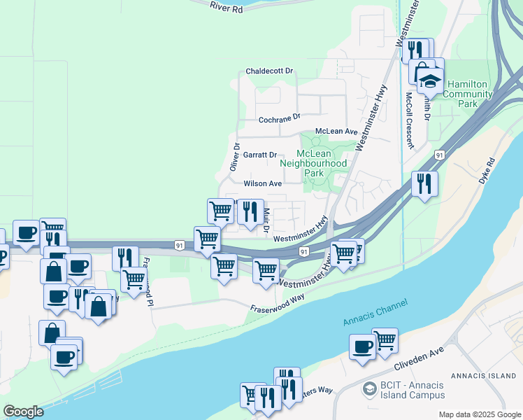 map of restaurants, bars, coffee shops, grocery stores, and more near 5915 Muir Drive in Richmond
