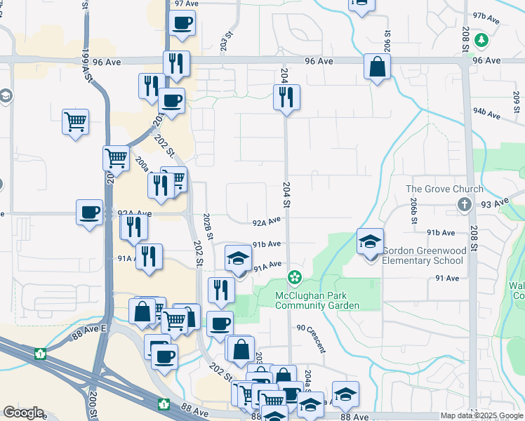 map of restaurants, bars, coffee shops, grocery stores, and more near 9253 203B Street in Langley Township