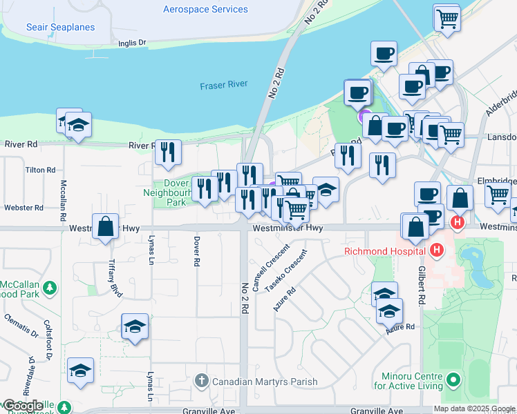 map of restaurants, bars, coffee shops, grocery stores, and more near in Richmond