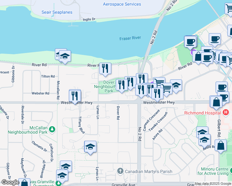 map of restaurants, bars, coffee shops, grocery stores, and more near 5811 Dover Crescent in Richmond