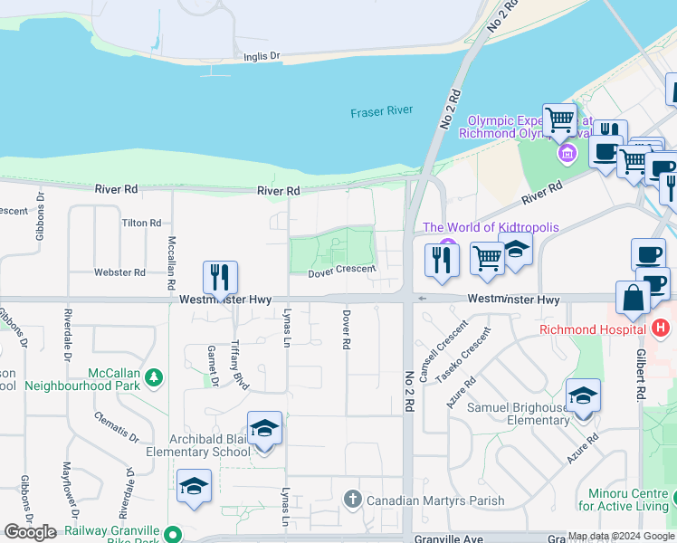 map of restaurants, bars, coffee shops, grocery stores, and more near 5811 Dover Crescent in Richmond
