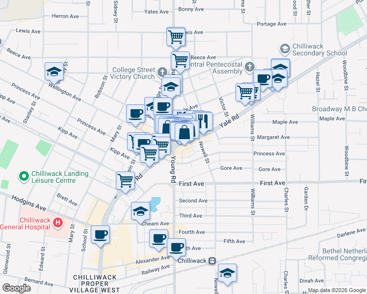 map of restaurants, bars, coffee shops, grocery stores, and more near 46177 Yale Road in Chilliwack