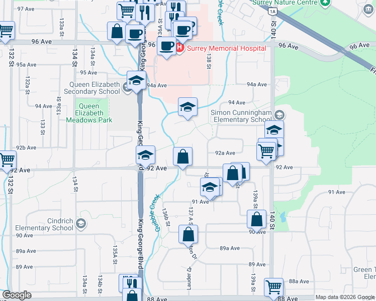 map of restaurants, bars, coffee shops, grocery stores, and more near 9253 137 A Street in Surrey