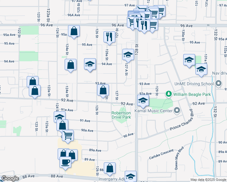 map of restaurants, bars, coffee shops, grocery stores, and more near 9261 127 Street in Surrey