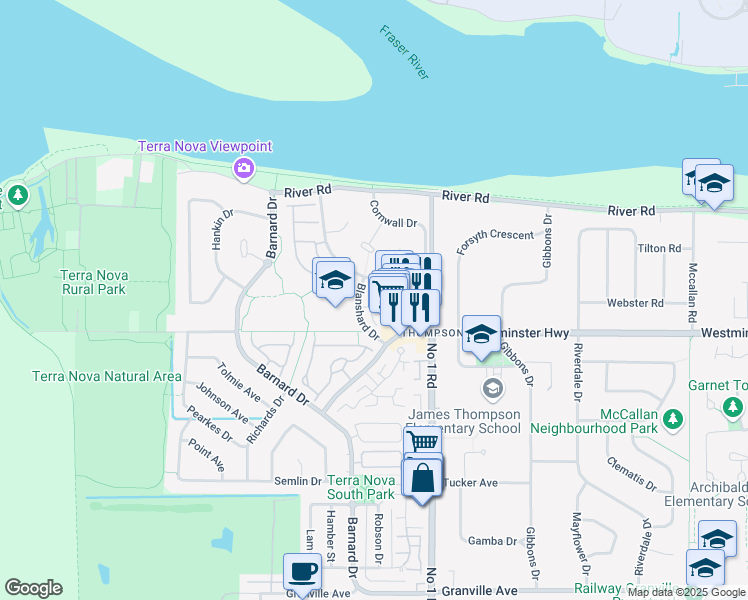 map of restaurants, bars, coffee shops, grocery stores, and more near 5988 Blanshard Drive in Richmond