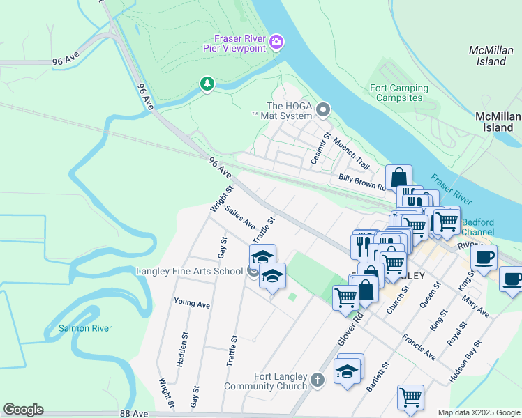 map of restaurants, bars, coffee shops, grocery stores, and more near 22924 96 Avenue in Langley Township
