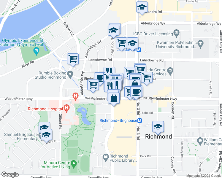 map of restaurants, bars, coffee shops, grocery stores, and more near 153 Minoru Boulevard in Richmond