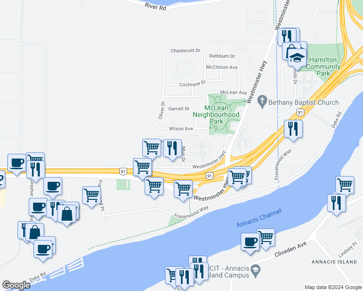 map of restaurants, bars, coffee shops, grocery stores, and more near 5913 Muir Drive in Richmond