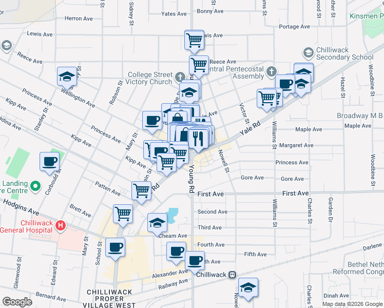 map of restaurants, bars, coffee shops, grocery stores, and more near 45904 Victoria Avenue in Chilliwack