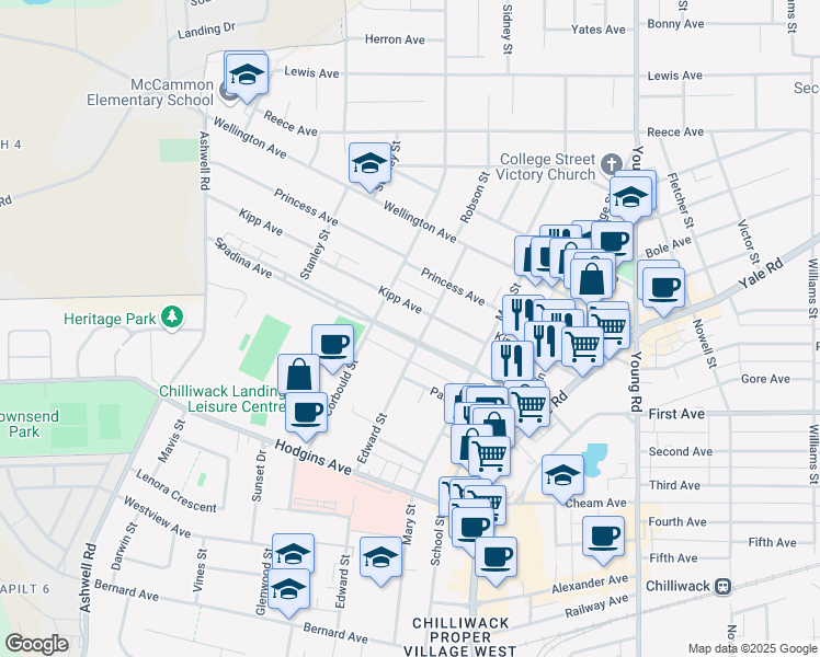 map of restaurants, bars, coffee shops, grocery stores, and more near 45625 Spadina Avenue in Chilliwack