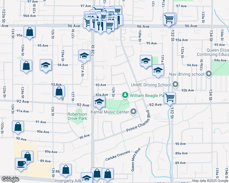 map of restaurants, bars, coffee shops, grocery stores, and more near 12901 92A Avenue in Surrey