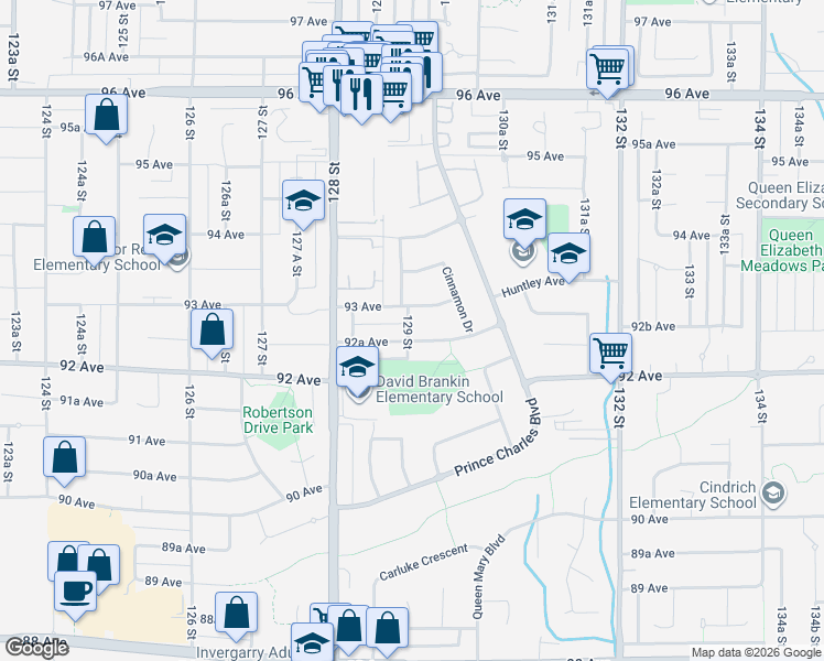 map of restaurants, bars, coffee shops, grocery stores, and more near 12901 92A Avenue in Surrey