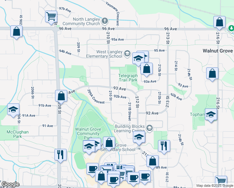 map of restaurants, bars, coffee shops, grocery stores, and more near 9285 211 Street in Langley Township