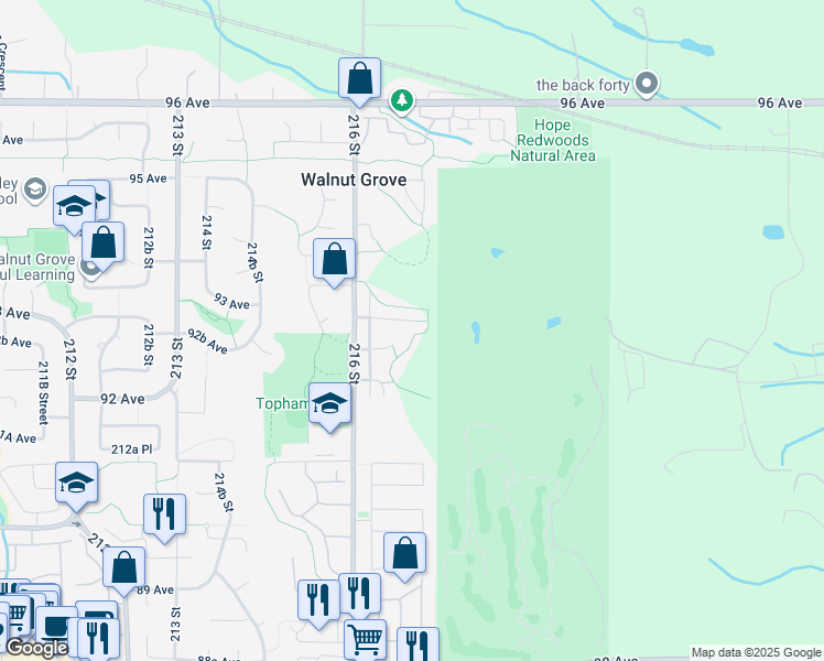map of restaurants, bars, coffee shops, grocery stores, and more near 21674 93 Avenue in Langley City