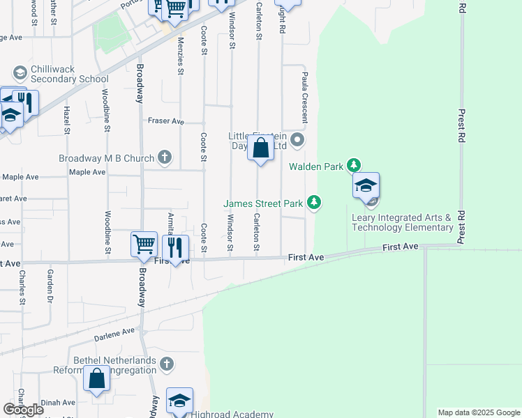 map of restaurants, bars, coffee shops, grocery stores, and more near 9298 Carleton Street in Chilliwack