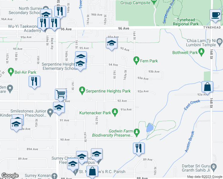 map of restaurants, bars, coffee shops, grocery stores, and more near 9269 163 Street in Surrey