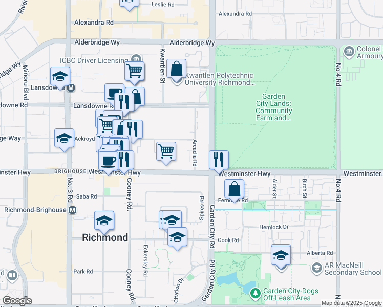 map of restaurants, bars, coffee shops, grocery stores, and more near 5951 Arcadia Road in Richmond
